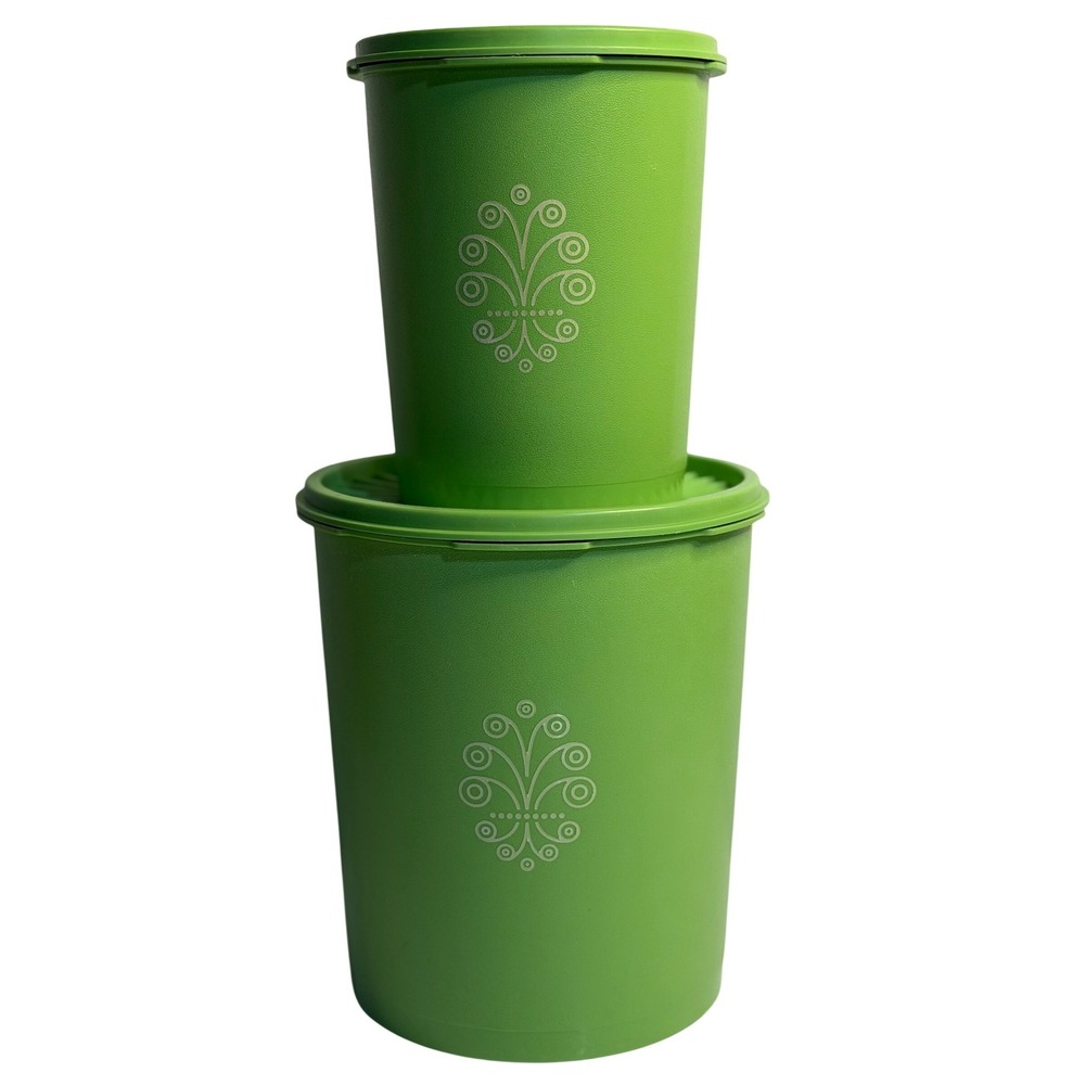 VTG TUPPERWARE Canisters Lime Green Nesting Set of 2 Lids Kitchen Storage Decor